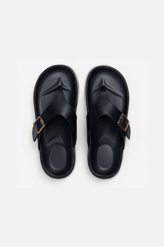 Black Leather Buckle Strap Comfort Sandals