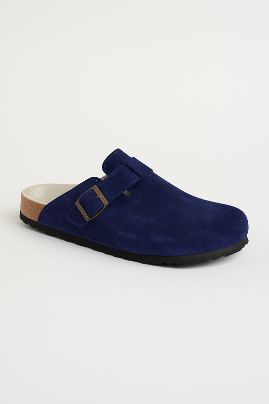 Navy Blue Suede Buckle Clog Shoe