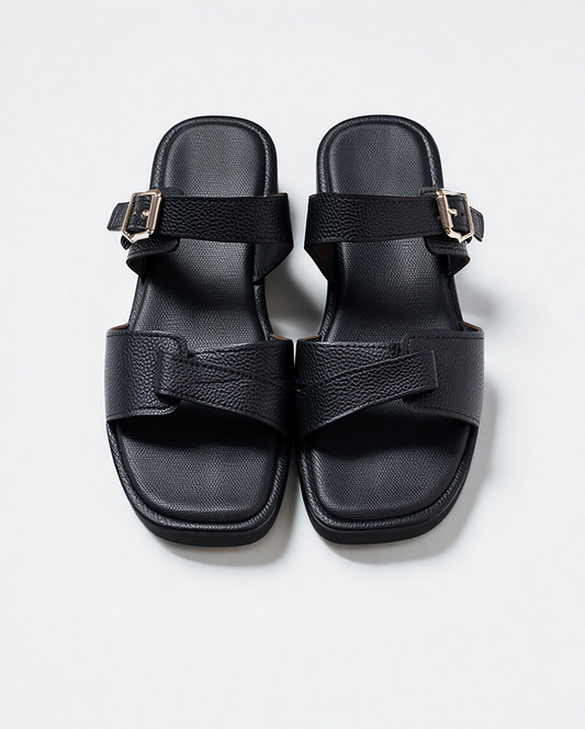 Black Double Strap Leather Comfort Sandals