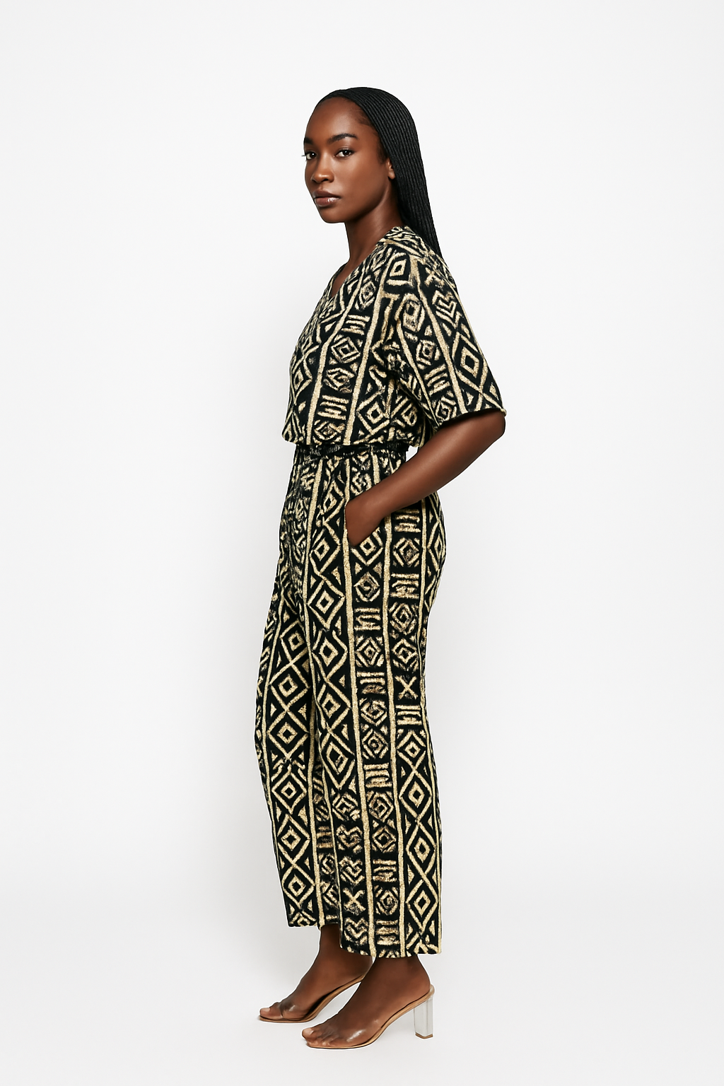 Black & Gold Tribal Stripe Desert Majesty Ankara V-Neck Two-Piece Set