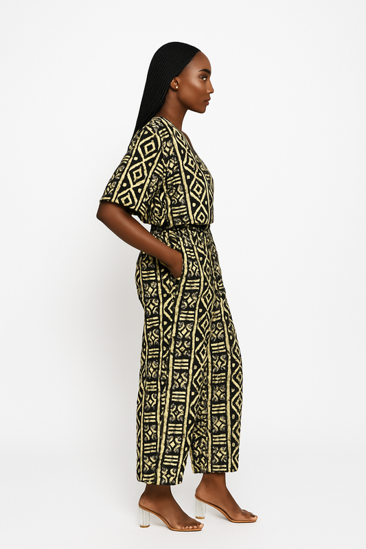 Black & Gold Tribal Stripe Desert Majesty Ankara V-Neck Two-Piece Set