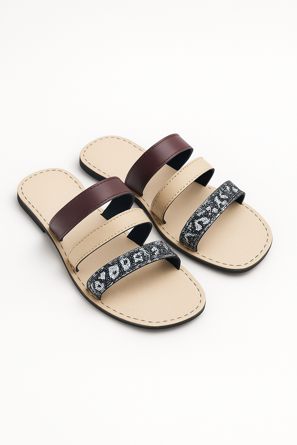 Beige Triple‑Strap Sandals with Snakeskin Accent