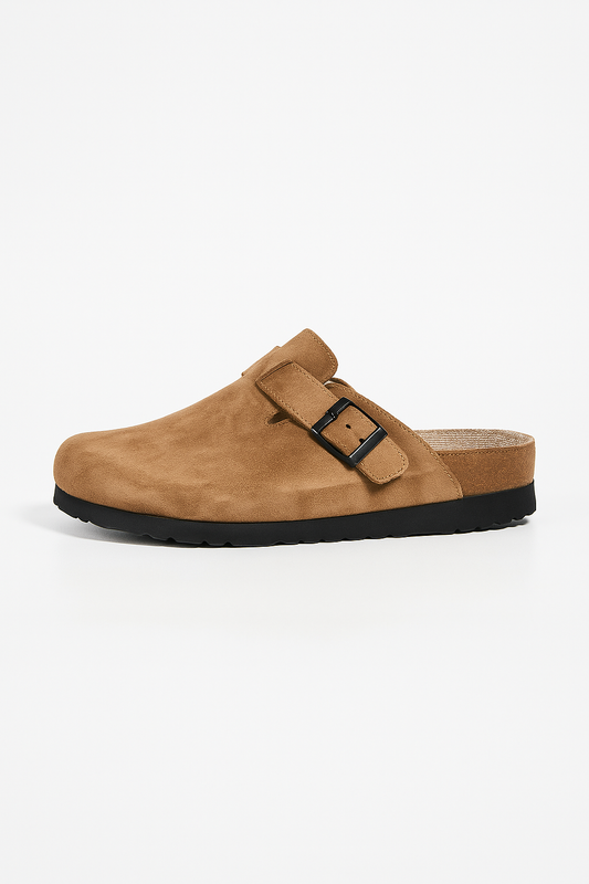 Tan Suede Buckle Clog Slip-On Shoe