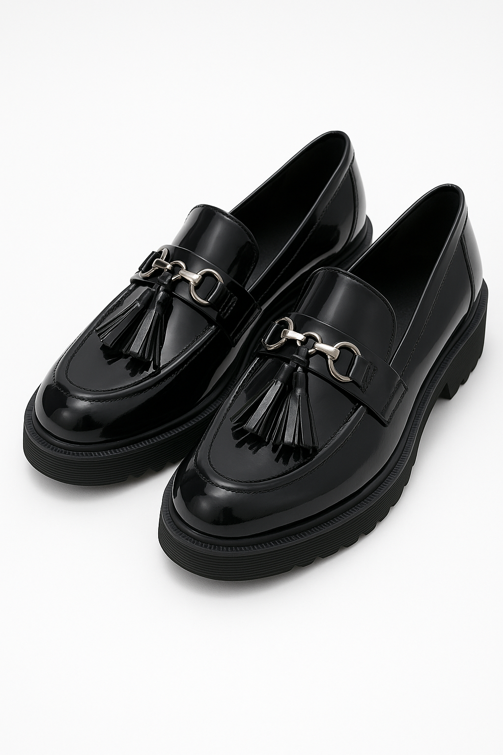 Black Patent Leather Loafers with Tassel and Metal Bit Shoe