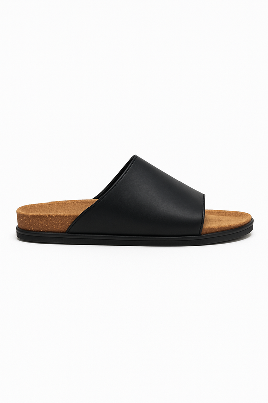 Black Leather Slide Sandals Comfort Fit
