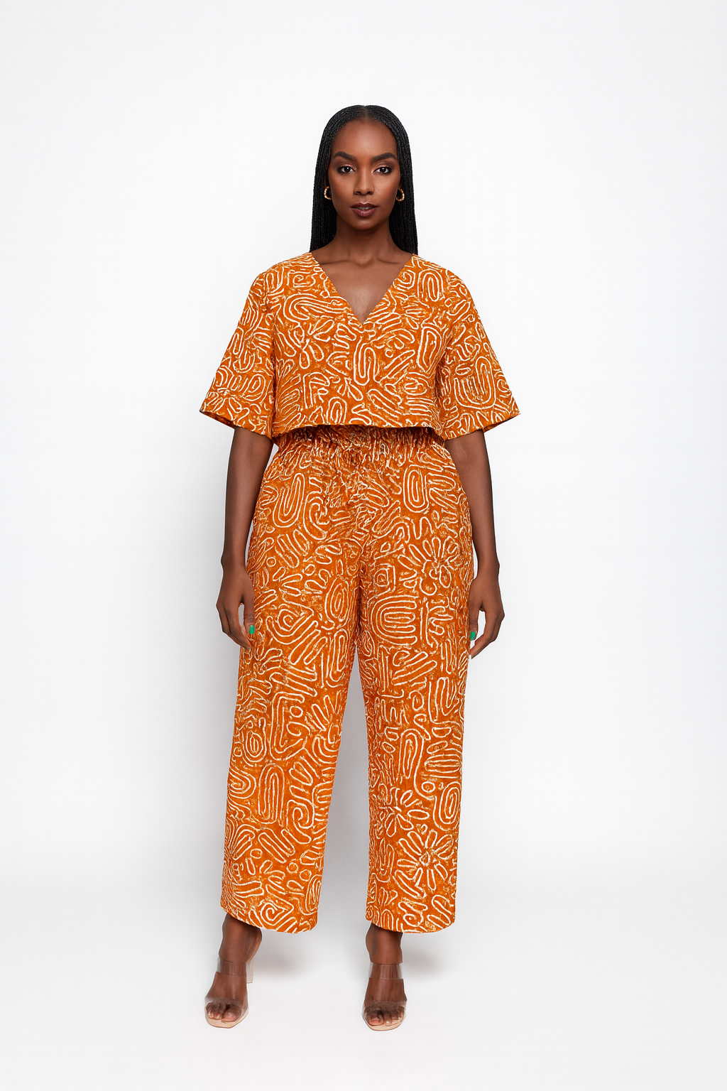 Orange Tribal Abstract Pattern Ocean Sunset Ankara V-Neck Two-Piece Set