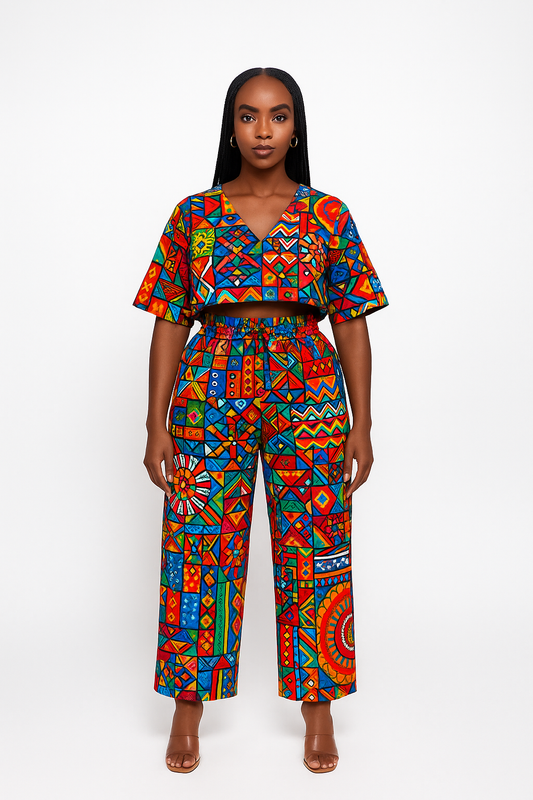 Multicolor Tribal Patchwork Garden Bloom Ankara V-Neck Two-Piece Set