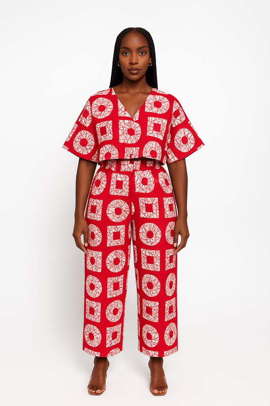 Red Geometric Tribal Print Crimson Horizon Ankara V-Neck Two-Piece Set