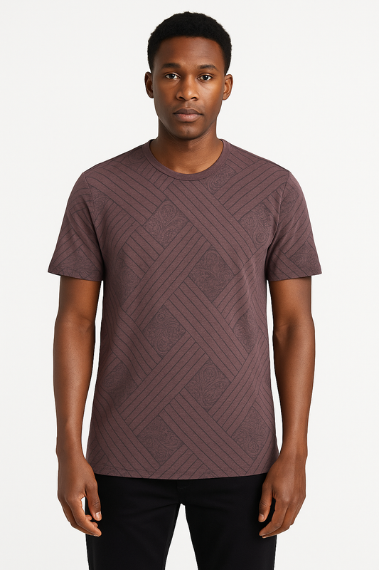 Stcassie Brown Woven Pattern Premium Round Neck short sleeve T-Shirt