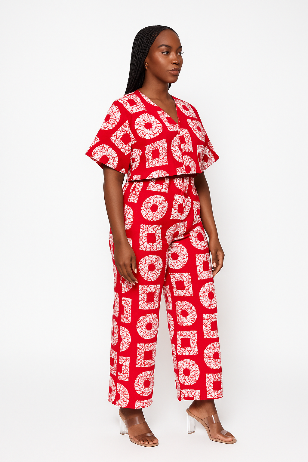 Red Geometric Tribal Print Crimson Horizon Ankara V-Neck Two-Piece Set