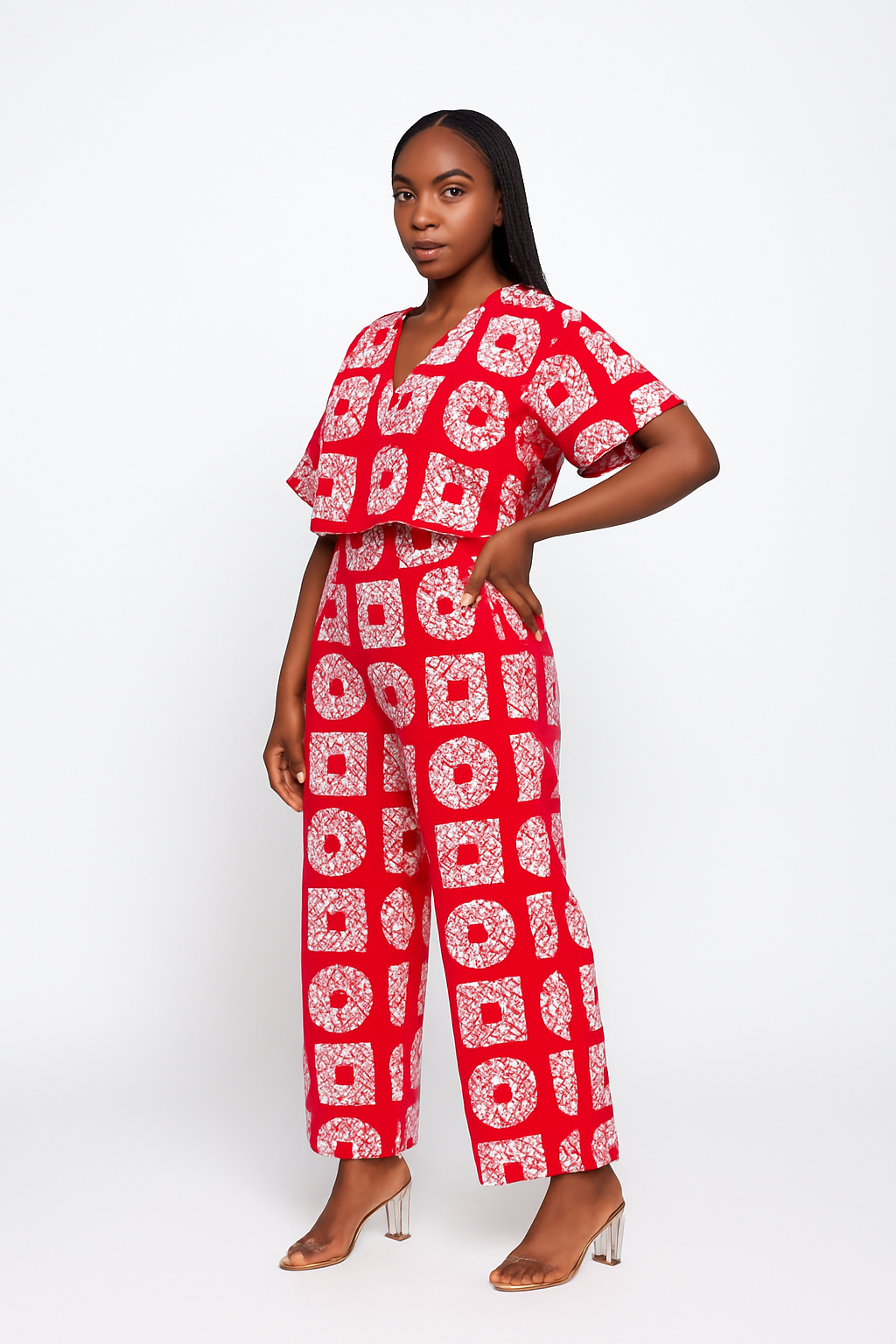 Red Geometric Tribal Print Crimson Horizon Ankara V-Neck Two-Piece Set