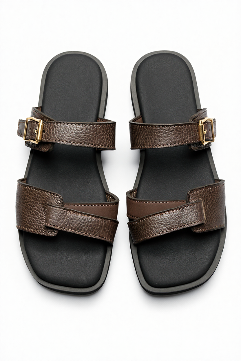 Brown Double Strap Leather Comfort Sandals