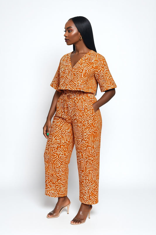 Orange Tribal Abstract Pattern Ocean Sunset Ankara V-Neck Two-Piece Set