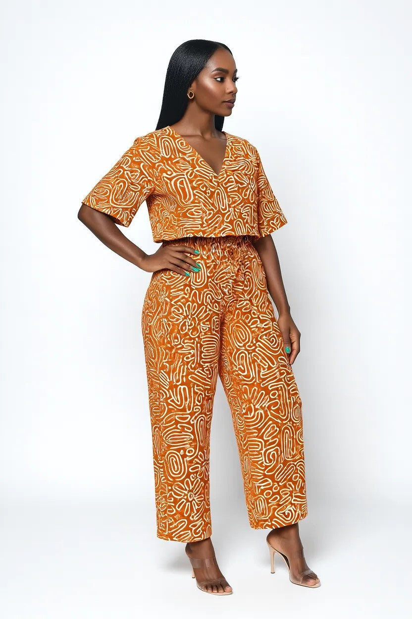 Orange Tribal Abstract Pattern Ocean Sunset Ankara V-Neck Two-Piece Set