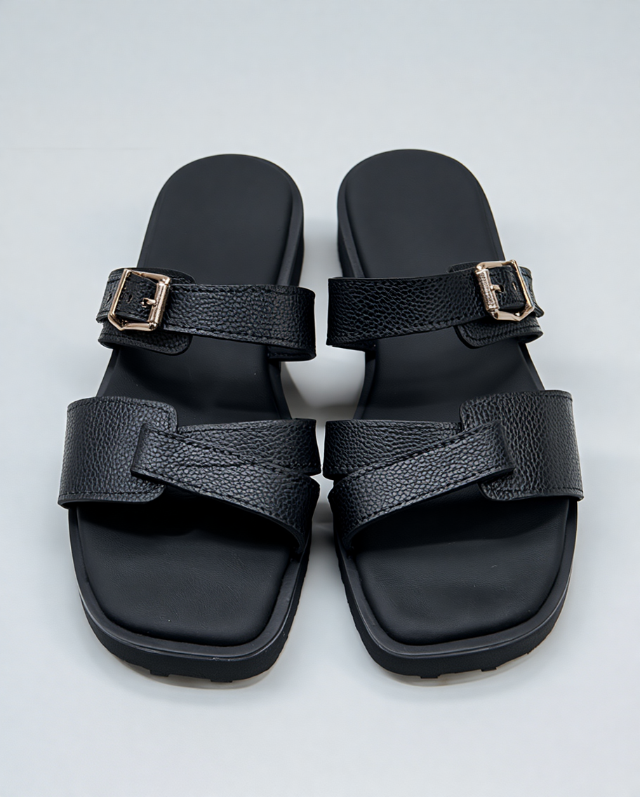 Black Double Strap Leather Comfort Sandals