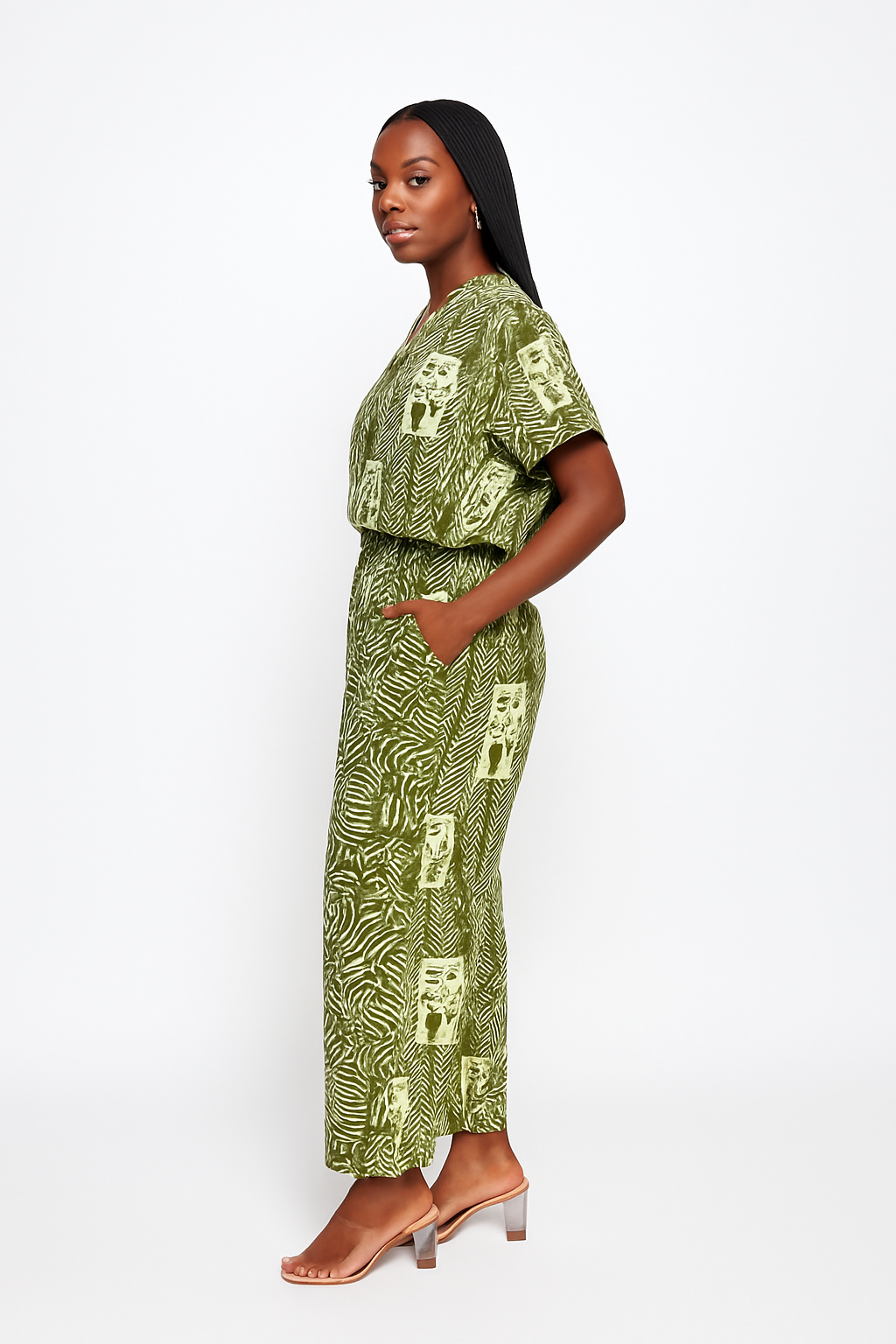 Green Tribal Abstract Forest Essence Ankara V-Neck Two-Piece Set