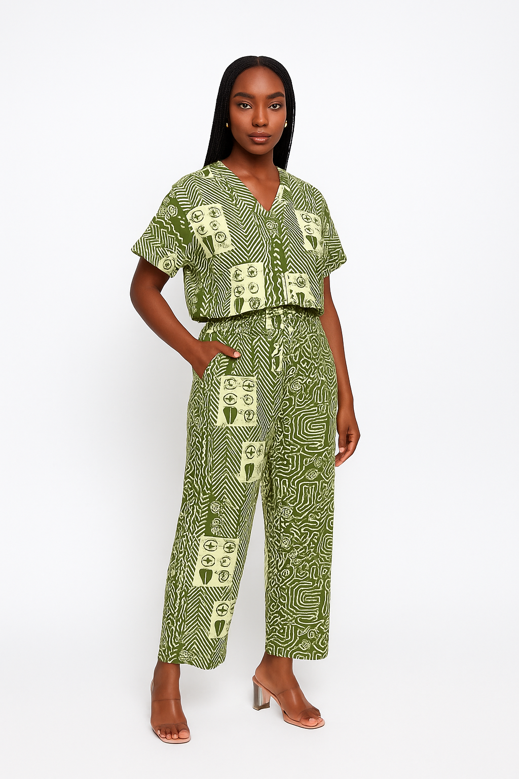 Green Tribal Abstract Forest Essence Ankara V-Neck Two-Piece Set