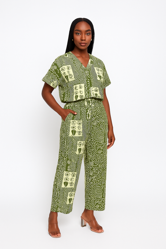 Green Tribal Abstract Forest Essence Ankara V-Neck Two-Piece Set