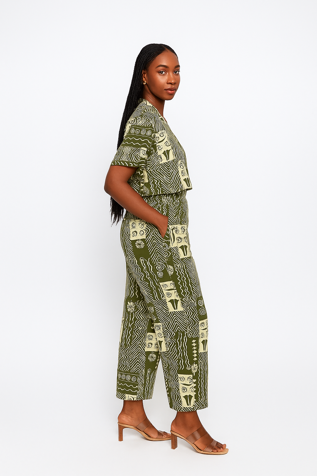 Green Tribal Abstract Forest Essence Ankara V-Neck Two-Piece Set