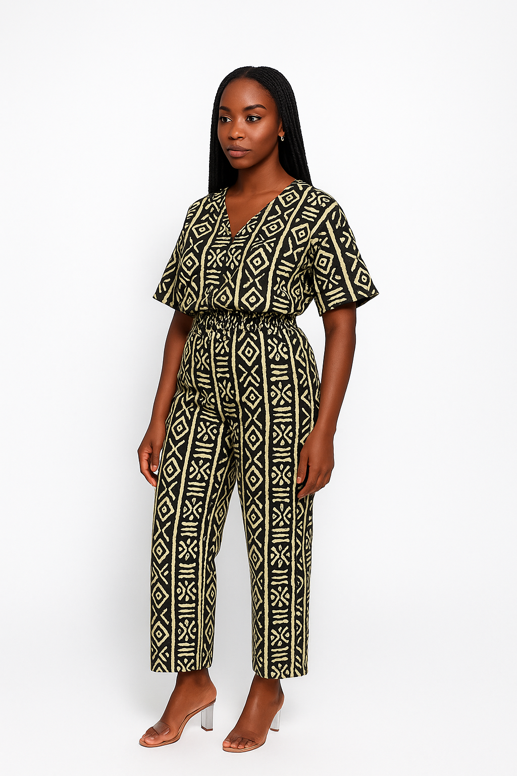 Black & Gold Tribal Stripe Desert Majesty Ankara V-Neck Two-Piece Set