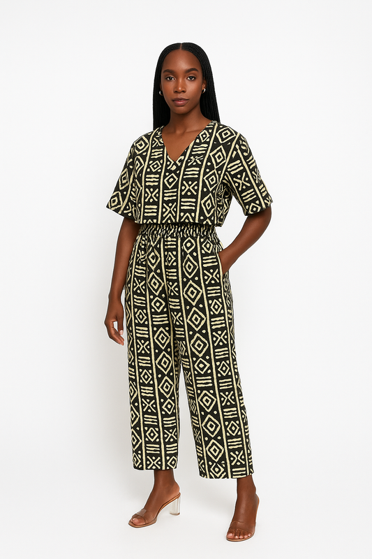 Black & Gold Tribal Stripe Desert Majesty Ankara V-Neck Two-Piece Set