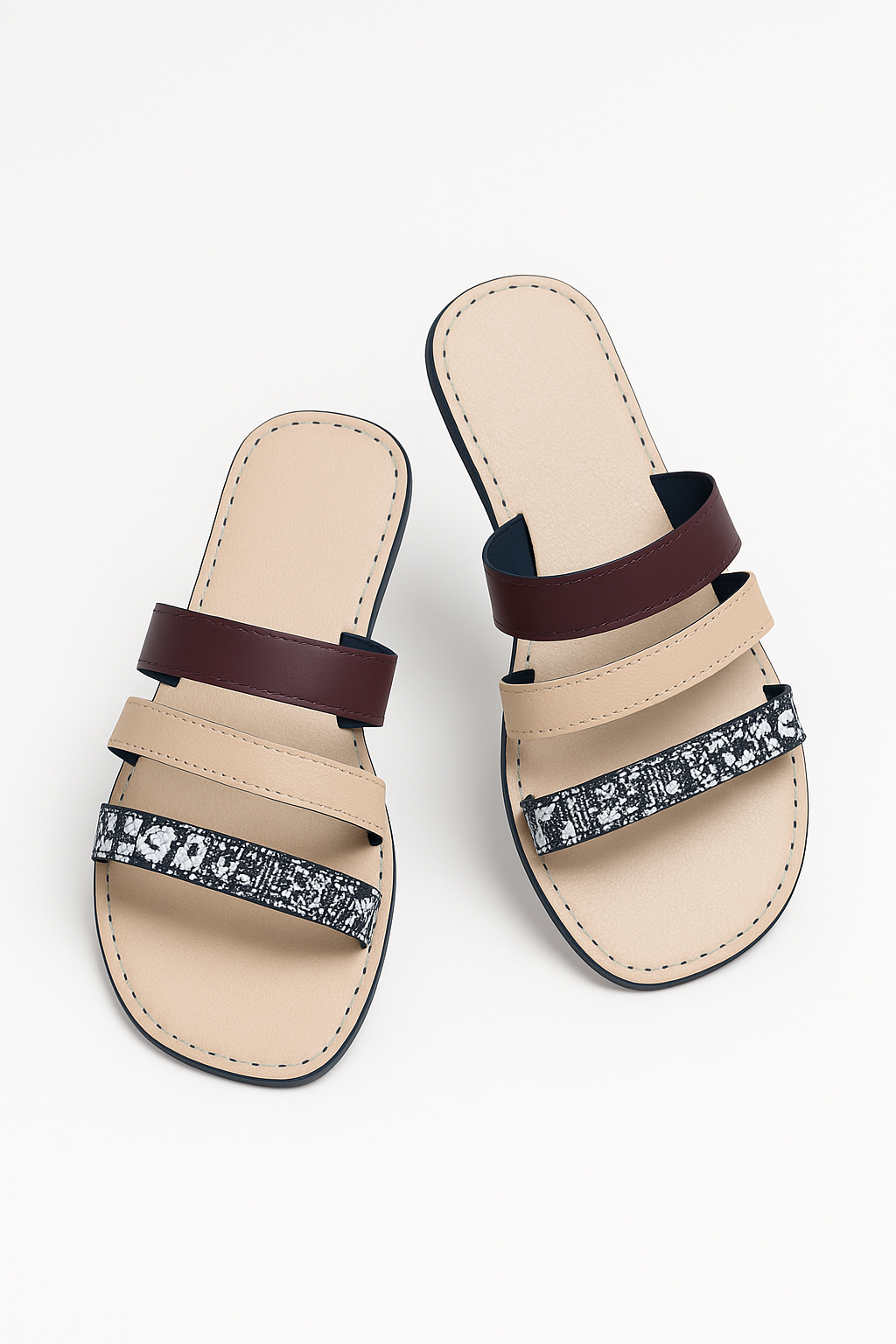 Beige Triple‑Strap Sandals with Snakeskin Accent
