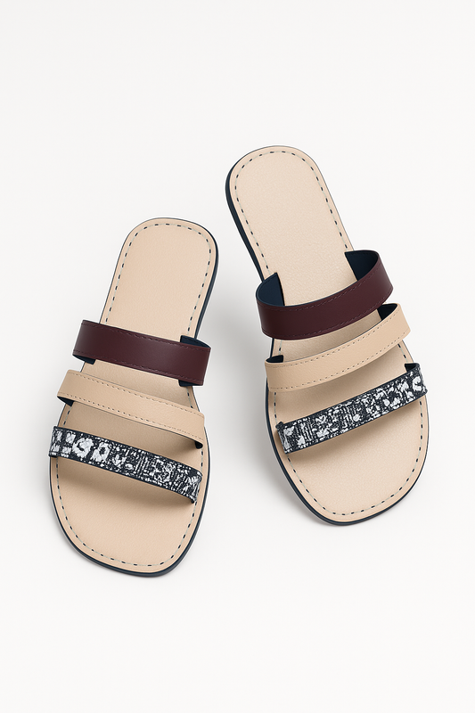 Beige Triple‑Strap Sandals with Snakeskin Accent