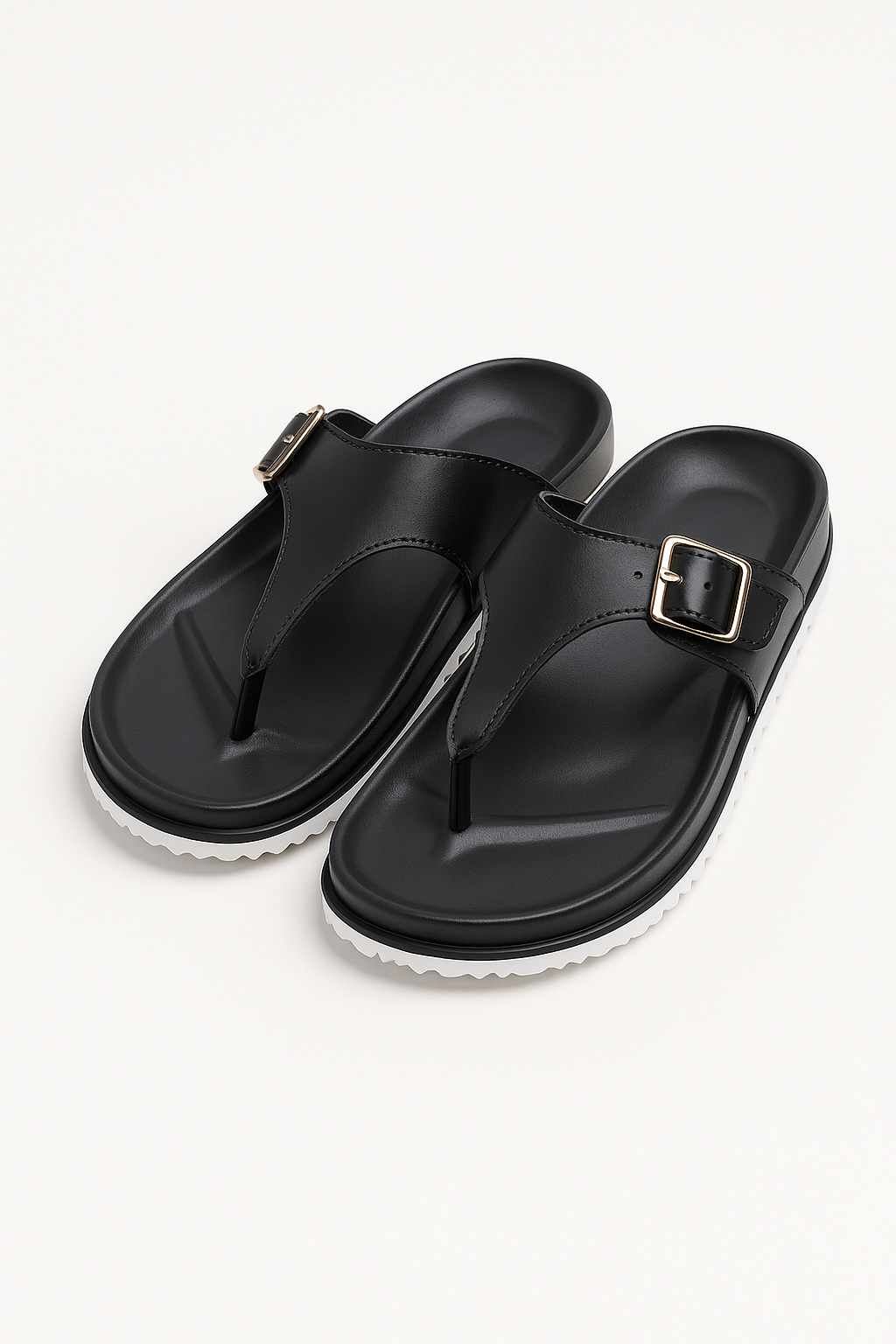 Black Leather Buckle Strap Comfort Sandals