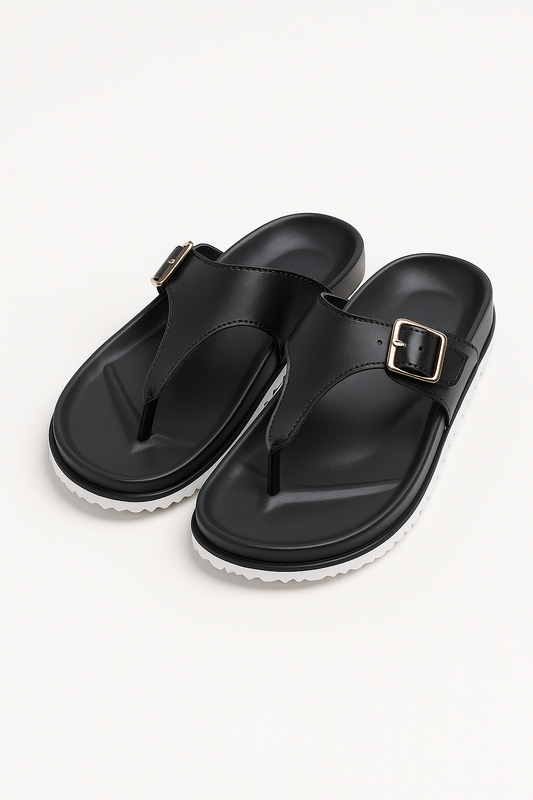Black Leather Buckle Strap Comfort Sandals