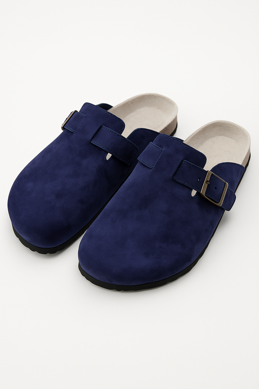 Navy Blue Suede Buckle Clog Shoe