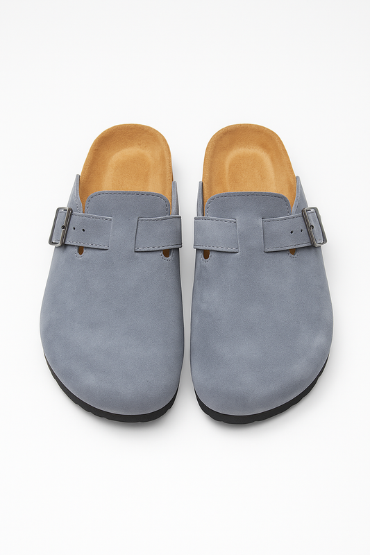 Light Grey Suede Buckle Clog Shoe
