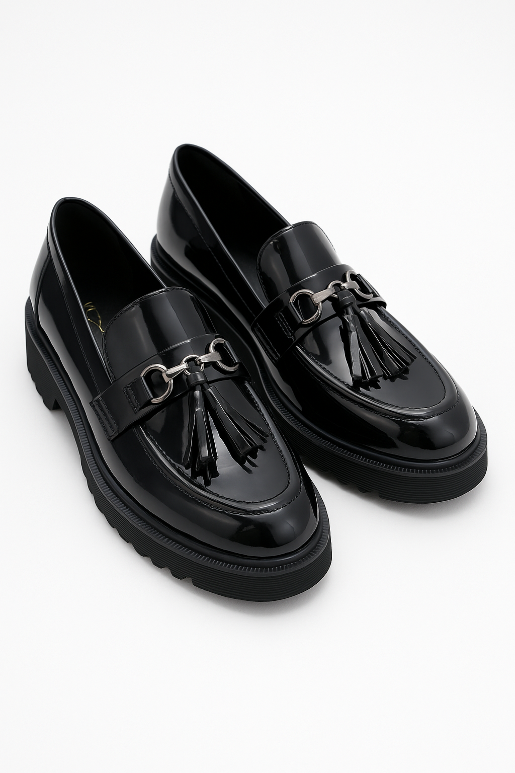 Black Patent Leather Loafers with Tassel and Metal Bit Shoe