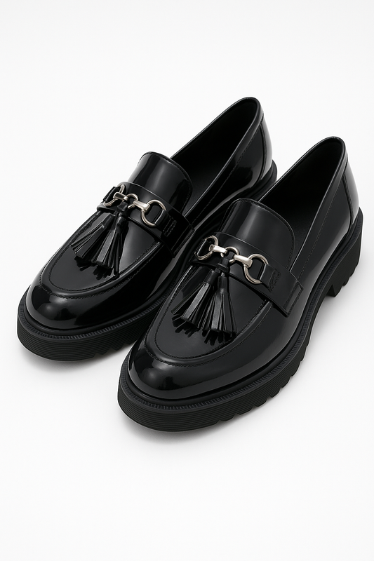 Black Patent Leather Loafers with Tassel and Metal Bit Shoe