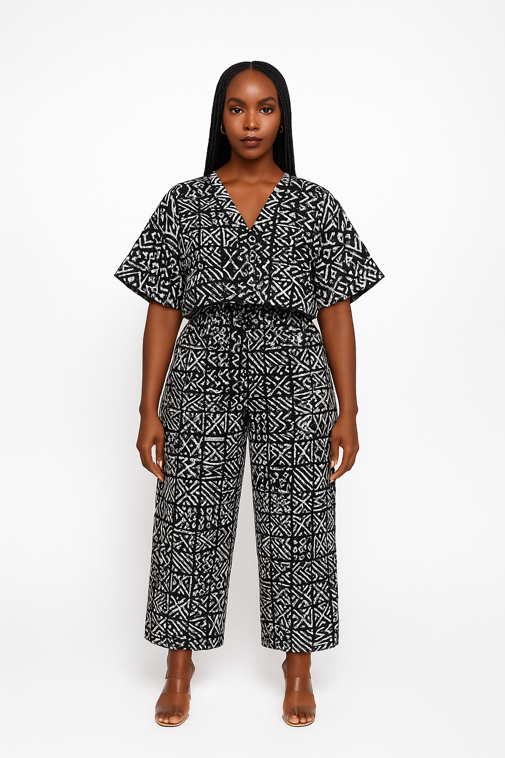 Black & White Tribal Geometric Monochrome Mirage Ankara V-Neck Two-Piece Set