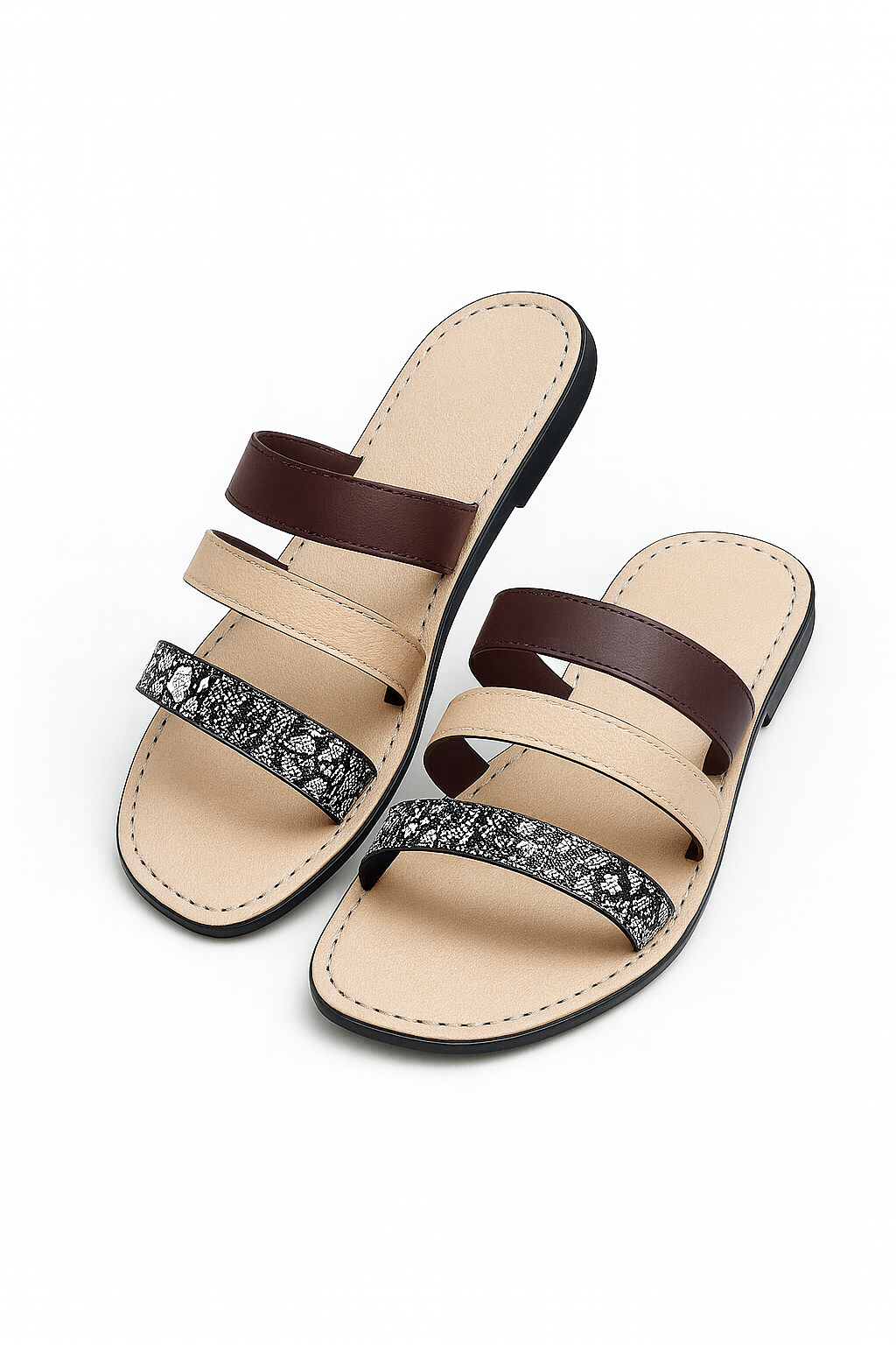 Beige Triple‑Strap Sandals with Snakeskin Accent