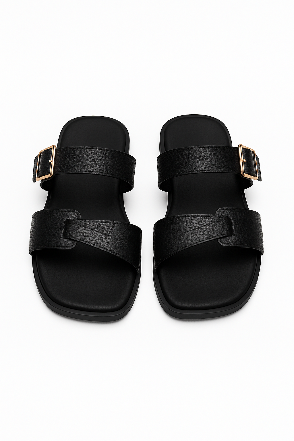 Black Double Strap Leather Comfort Sandals