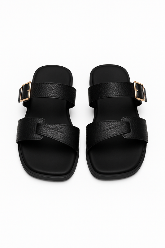 Black Double Strap Leather Comfort Sandals