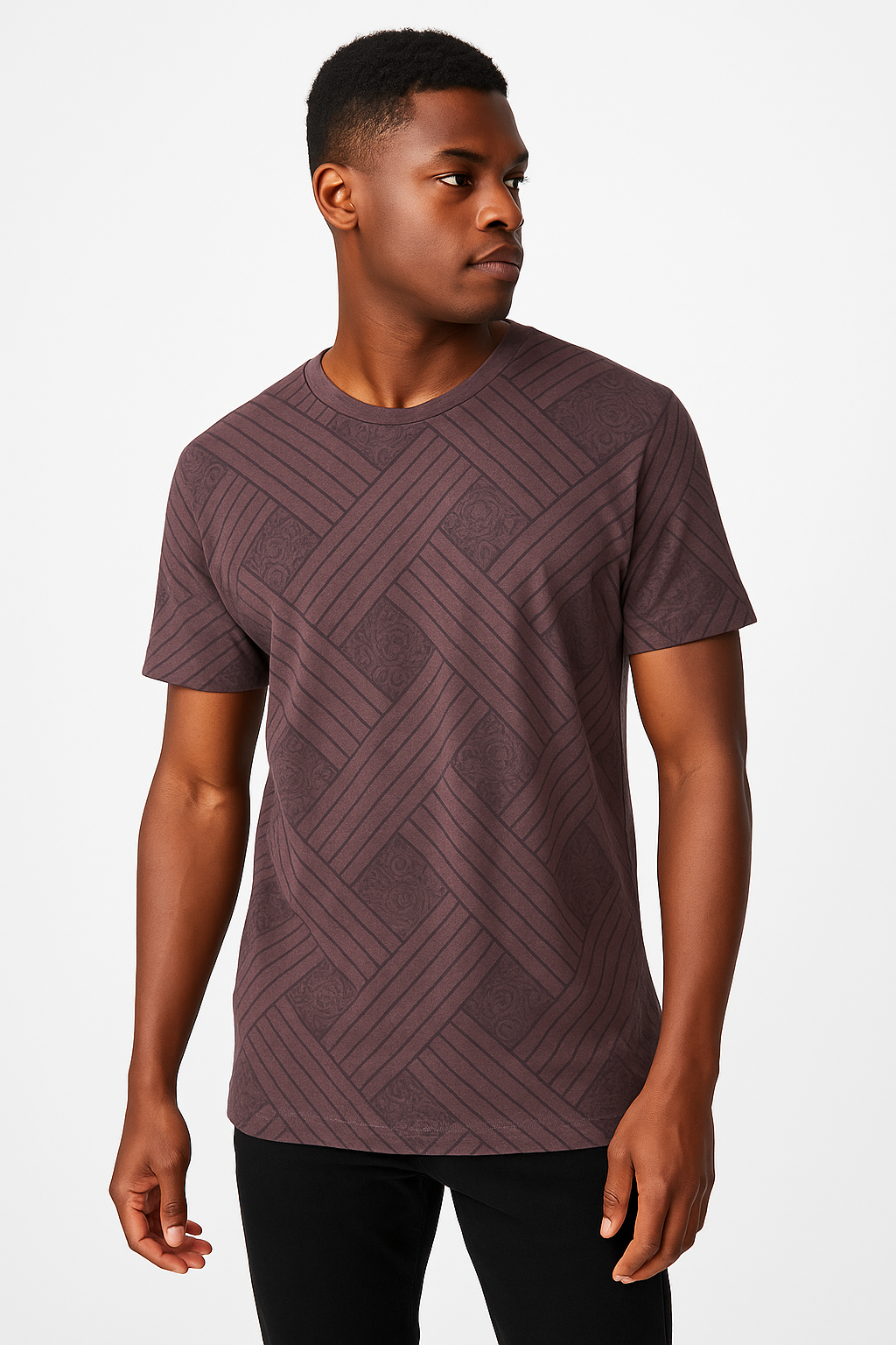 Stcassie Brown Woven Pattern Premium Round Neck short sleeve T-Shirt