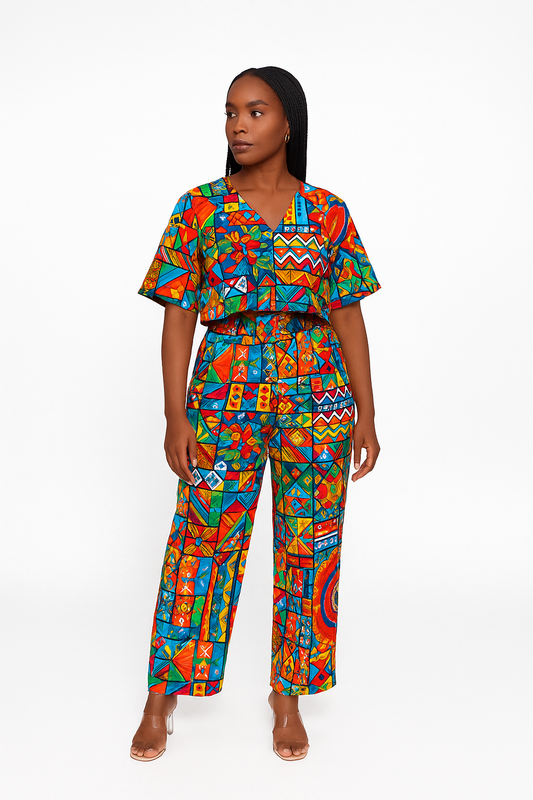 Multicolor Tribal Patchwork Garden Bloom Ankara V-Neck Two-Piece Set