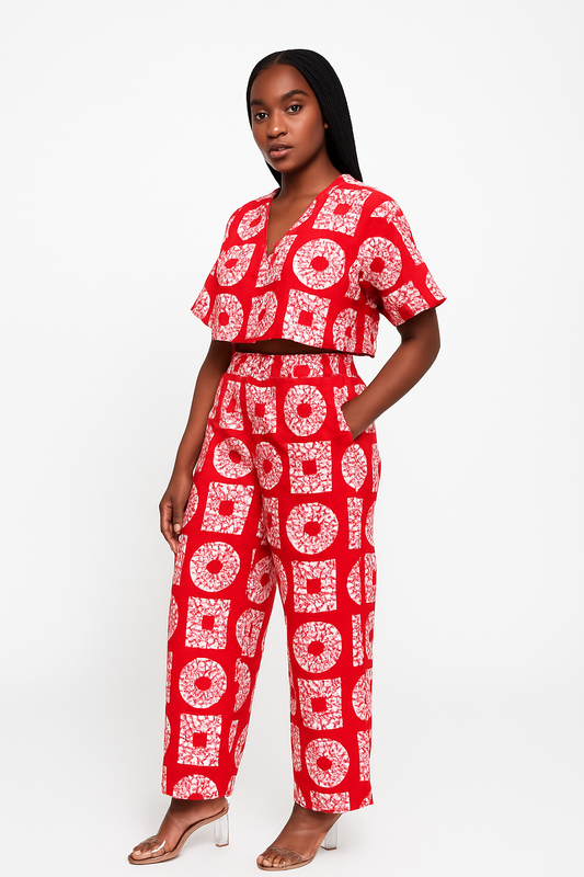 Red Geometric Tribal Print Crimson Horizon Ankara V-Neck Two-Piece Set