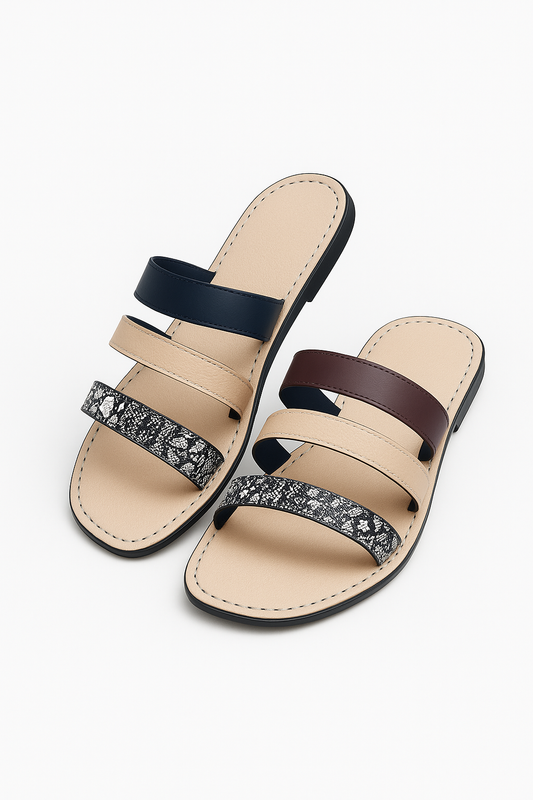 Beige Triple‑Strap Sandals with Snakeskin Accent