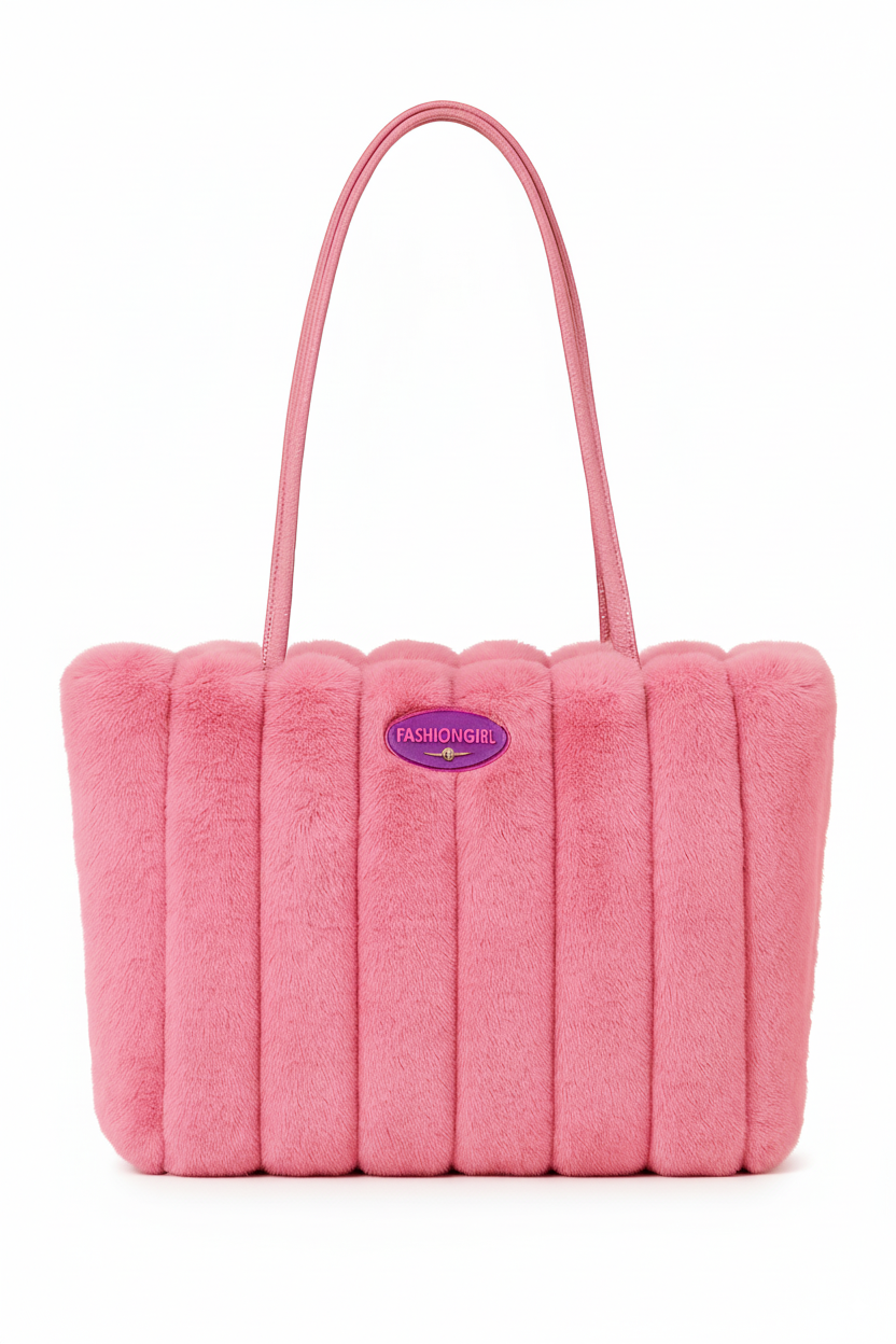 Faux Fur Ribbed Tote Bag – Pink / Black