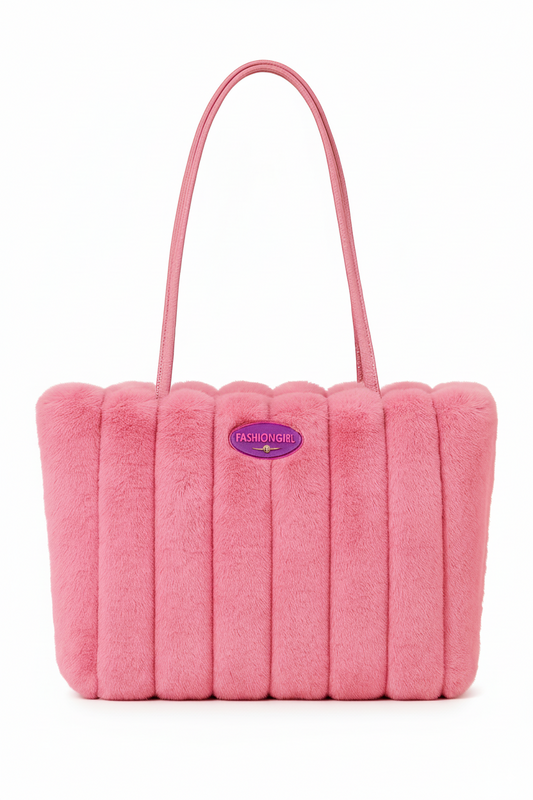 Faux Fur Ribbed Tote Bag – Pink / Black
