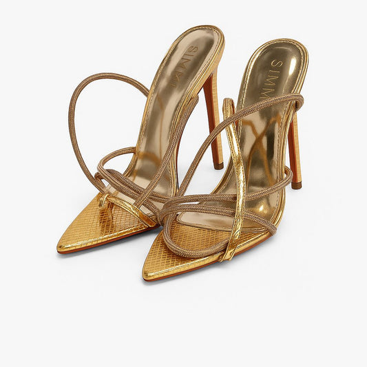 SIMMI London Gold Strappy Stiletto Heels – Luxury Metallic Snake-Embossed Sandals