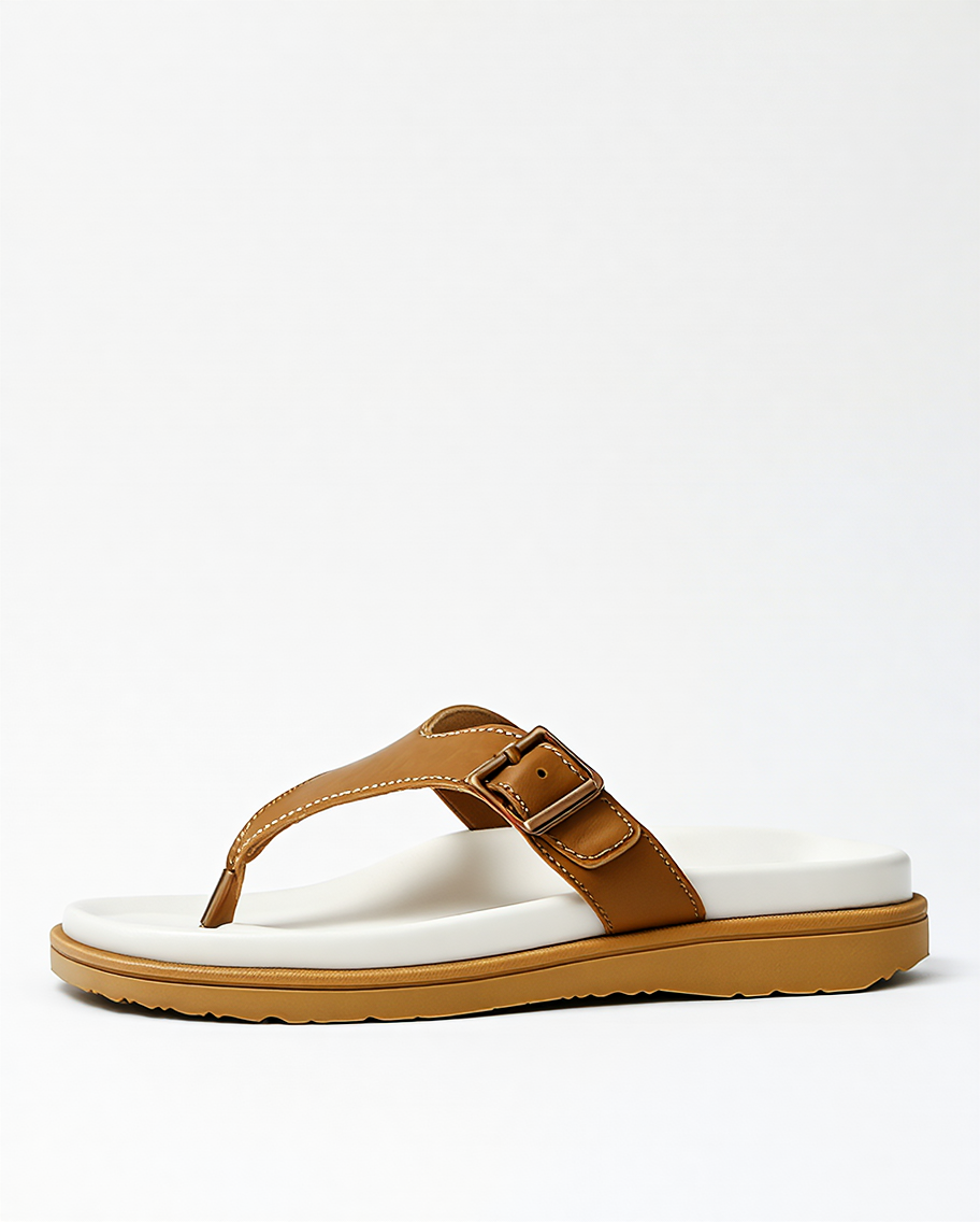 Tan Leather Buckle Strap Comfort Sandals