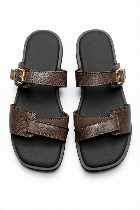 Brown Double Strap Leather Comfort Sandals