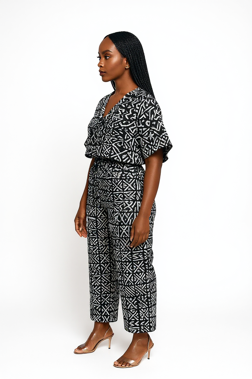 Black & White Tribal Geometric Monochrome Mirage Ankara V-Neck Two-Piece Set