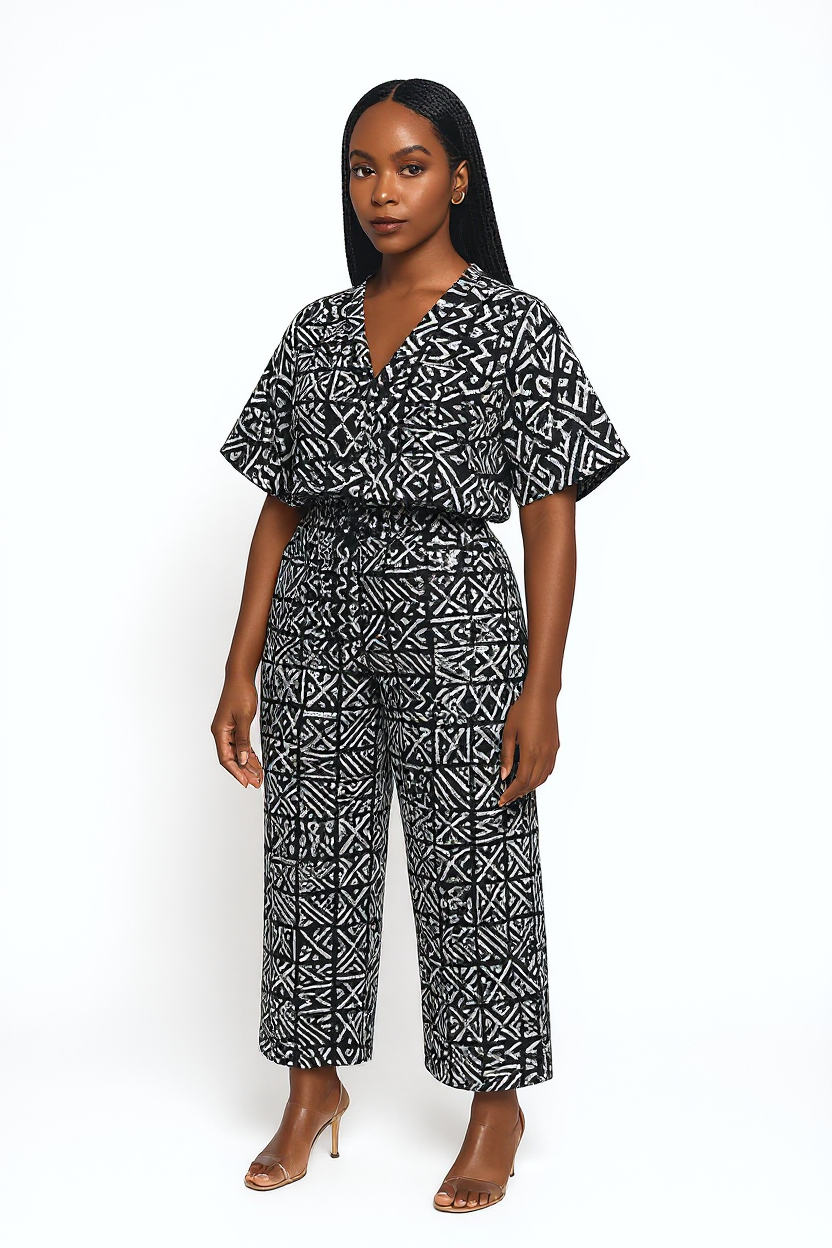 Black & White Tribal Geometric Monochrome Mirage Ankara V-Neck Two-Piece Set