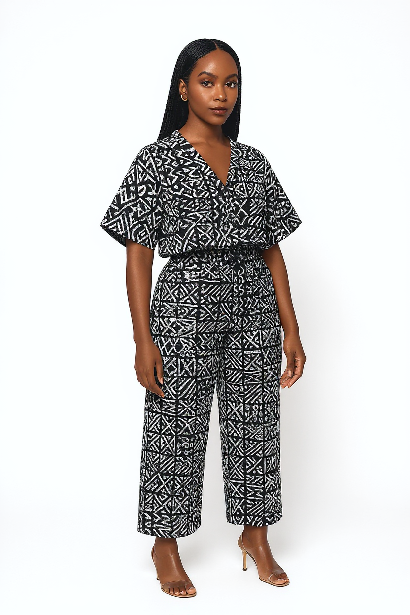 Black & White Tribal Geometric Monochrome Mirage Ankara V-Neck Two-Piece Set