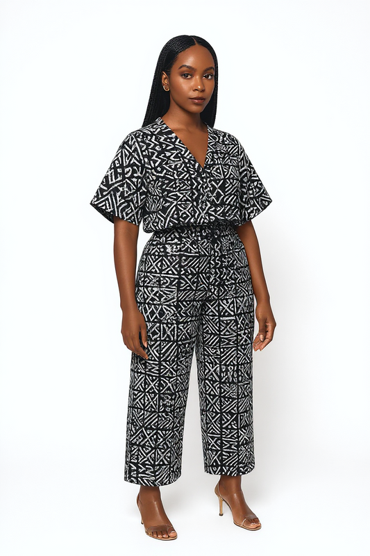 Black & White Tribal Geometric Monochrome Mirage Ankara V-Neck Two-Piece Set